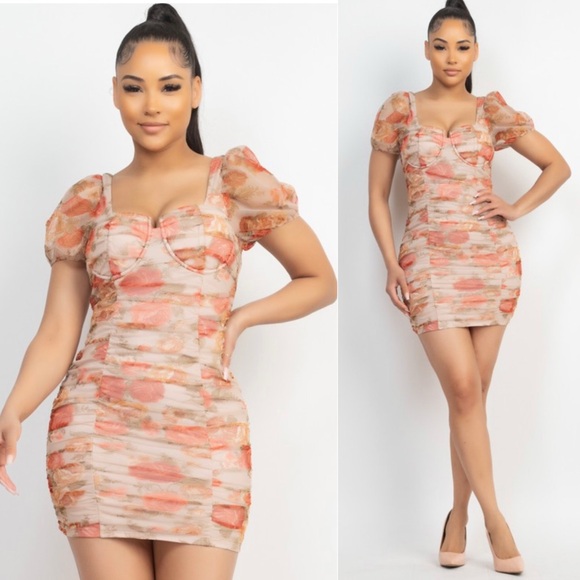 Floral Ruched Puff Sleeve Women’s Dress - Cream with Coral Floral - Picture 9 of 13